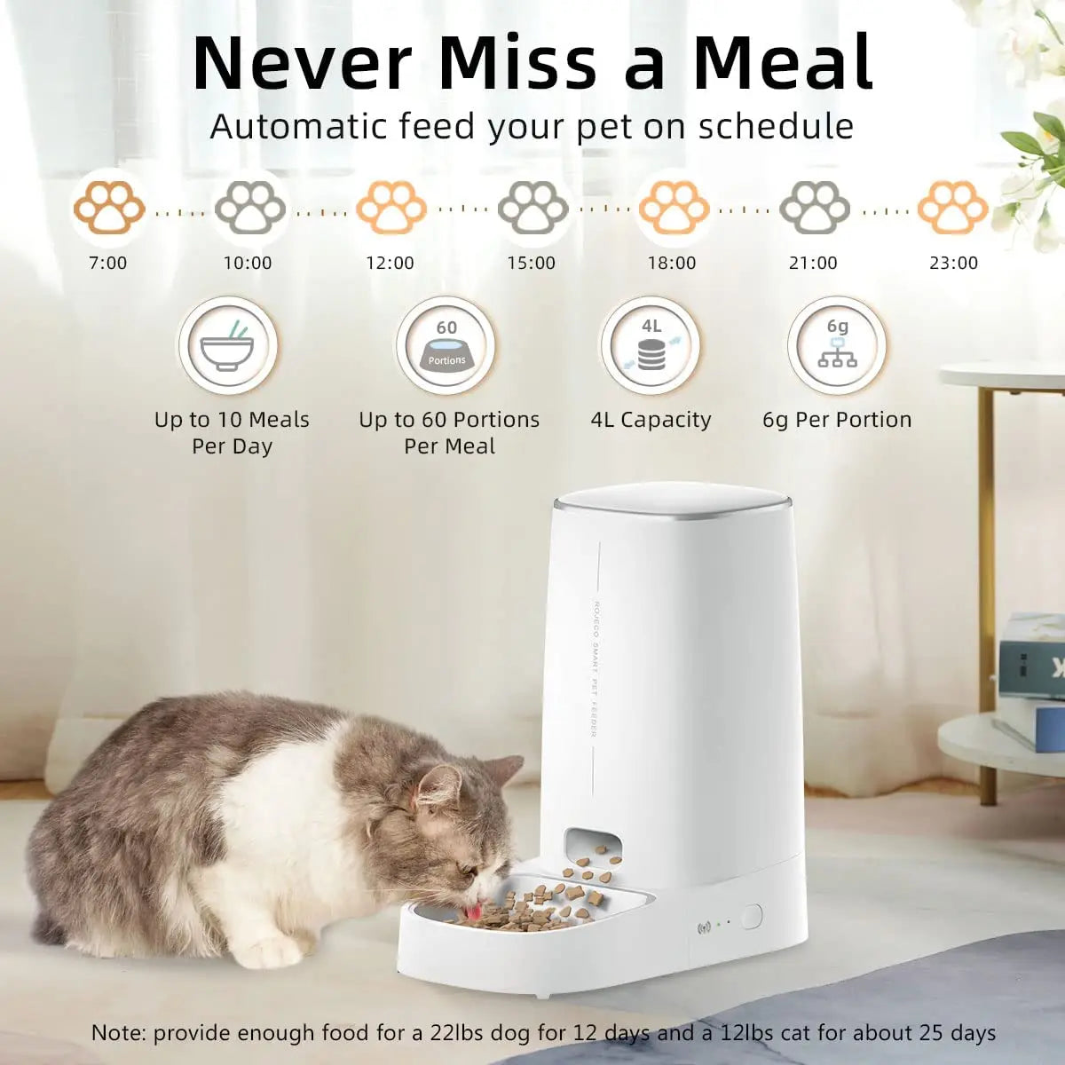 ROJECO WiFi Automatic Pet Feeder – Smart Remote Control Kibble Dispenser