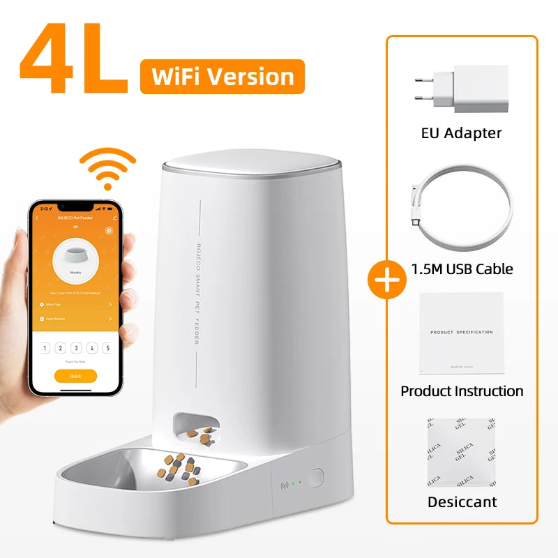 ROJECO WiFi Automatic Pet Feeder – Smart Remote Control Kibble Dispenser