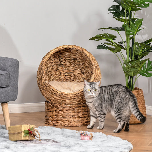 PawHut Wicker Cat House, Raised Cat Bed with Cylindrical Base